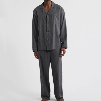 Men Soft Solid Sleepwear Winter Thermal Fleece Pajamas Set