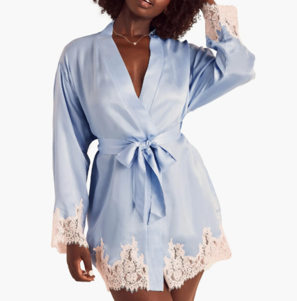 High Quality Fabric Women Satin Lace Robe Luxury Kimono